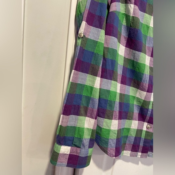 Eddie Bauer Size S Cotton Roll Tab Sleeve Button Down Shirt Green Purple Check - Picture 2 of 12